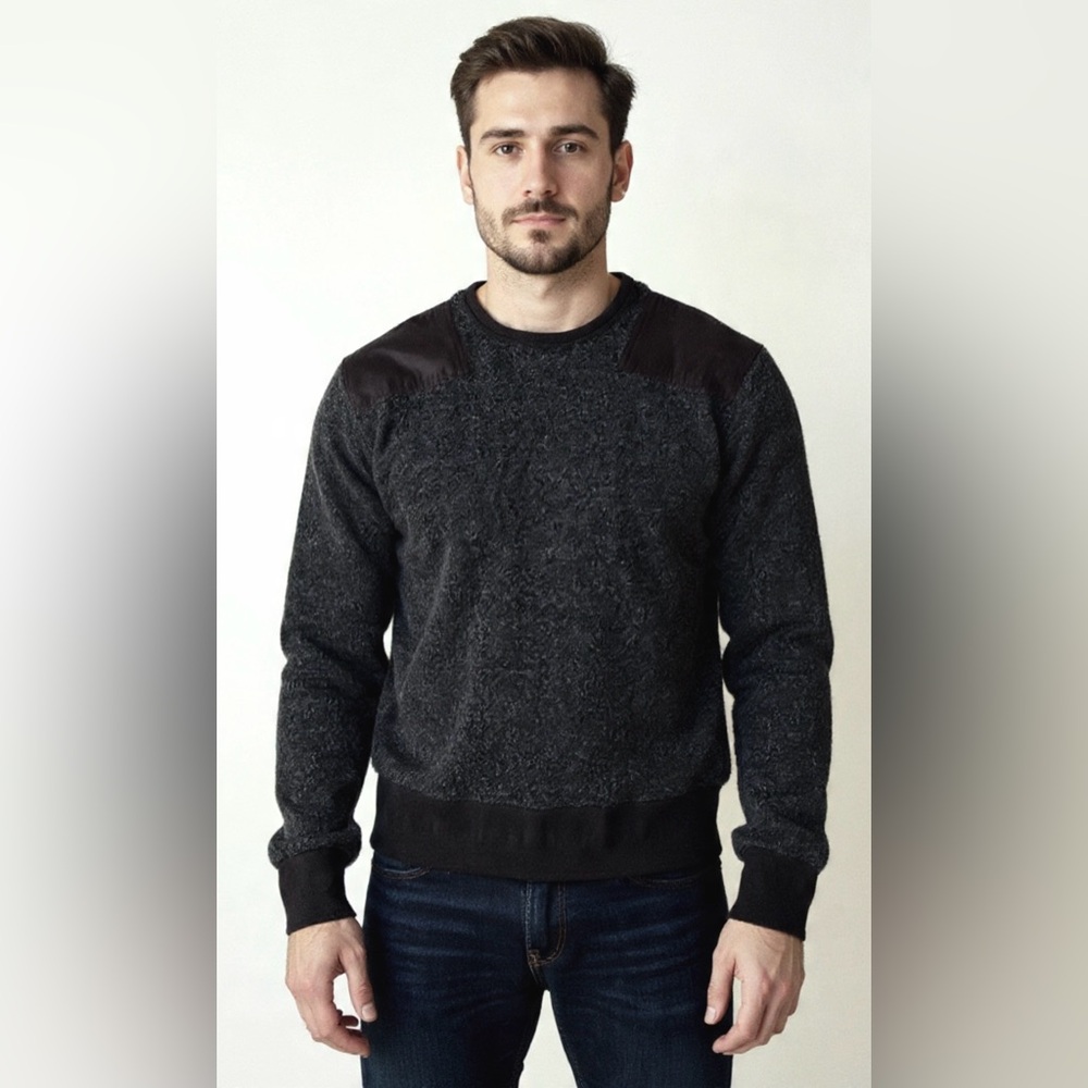 Rag & Bone man's sweater, Sz M, wool blended, charcoal black,forearm/elbow patch